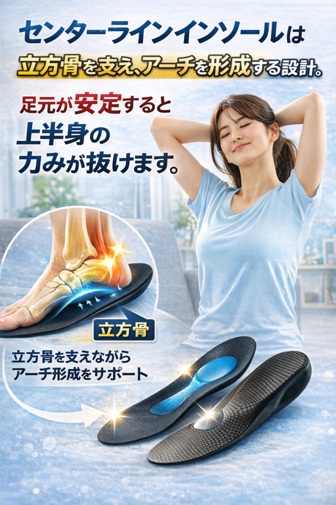 センターラインインソールは
立方骨を支え、アーチを形成する設計。 足元が安定すると
上半身の力みが抜けます。