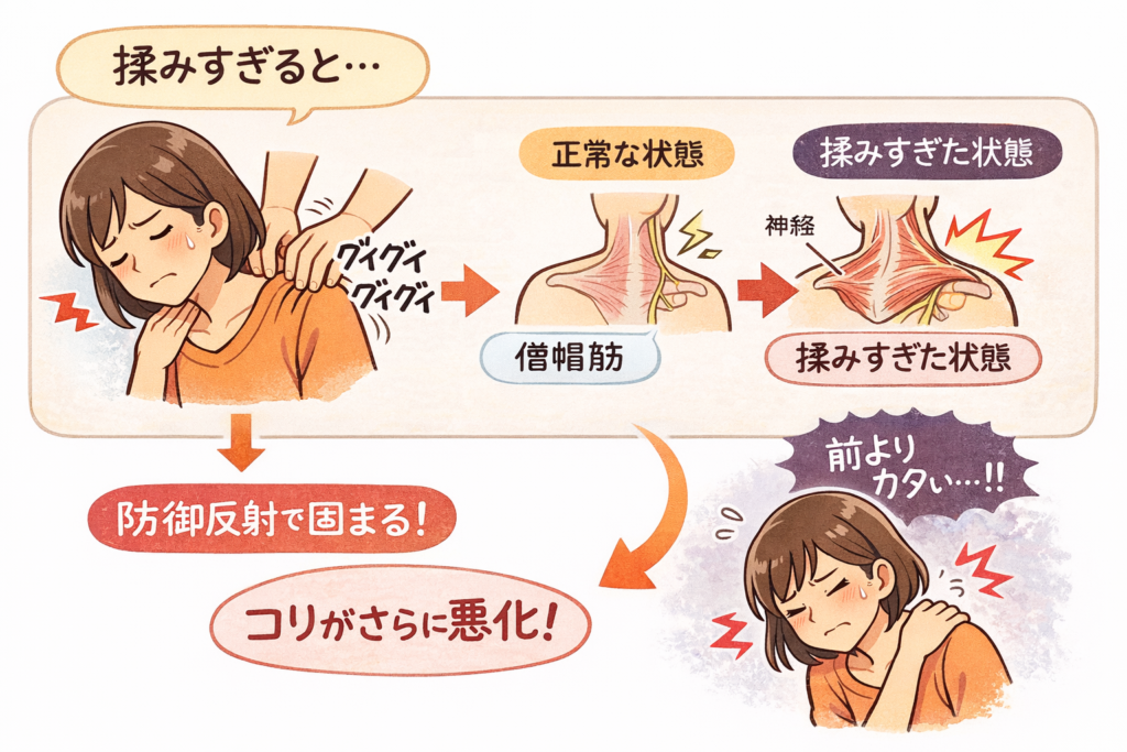 肩を揉んで肩こりが悪化するイラスト
