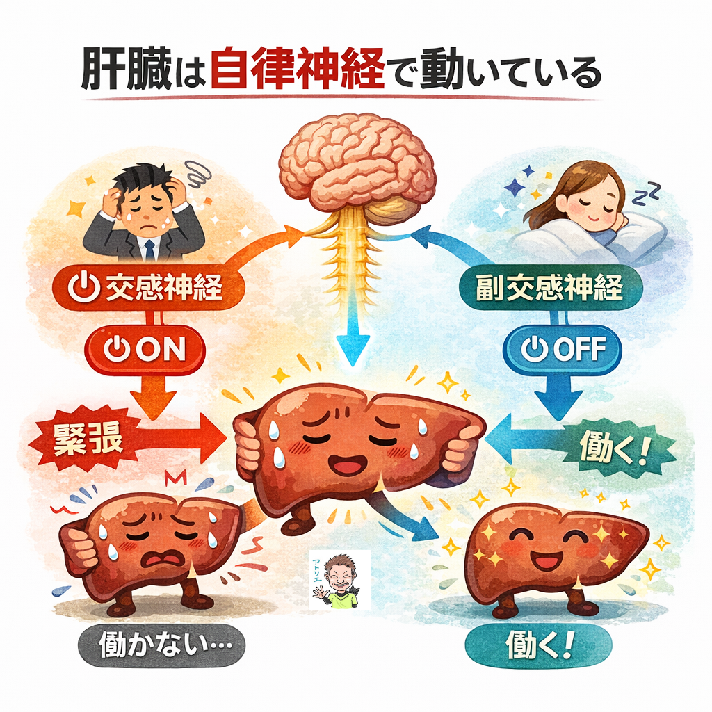 板橋の整体アトリエ整骨院の自律神経と肝臓の関係イラスト