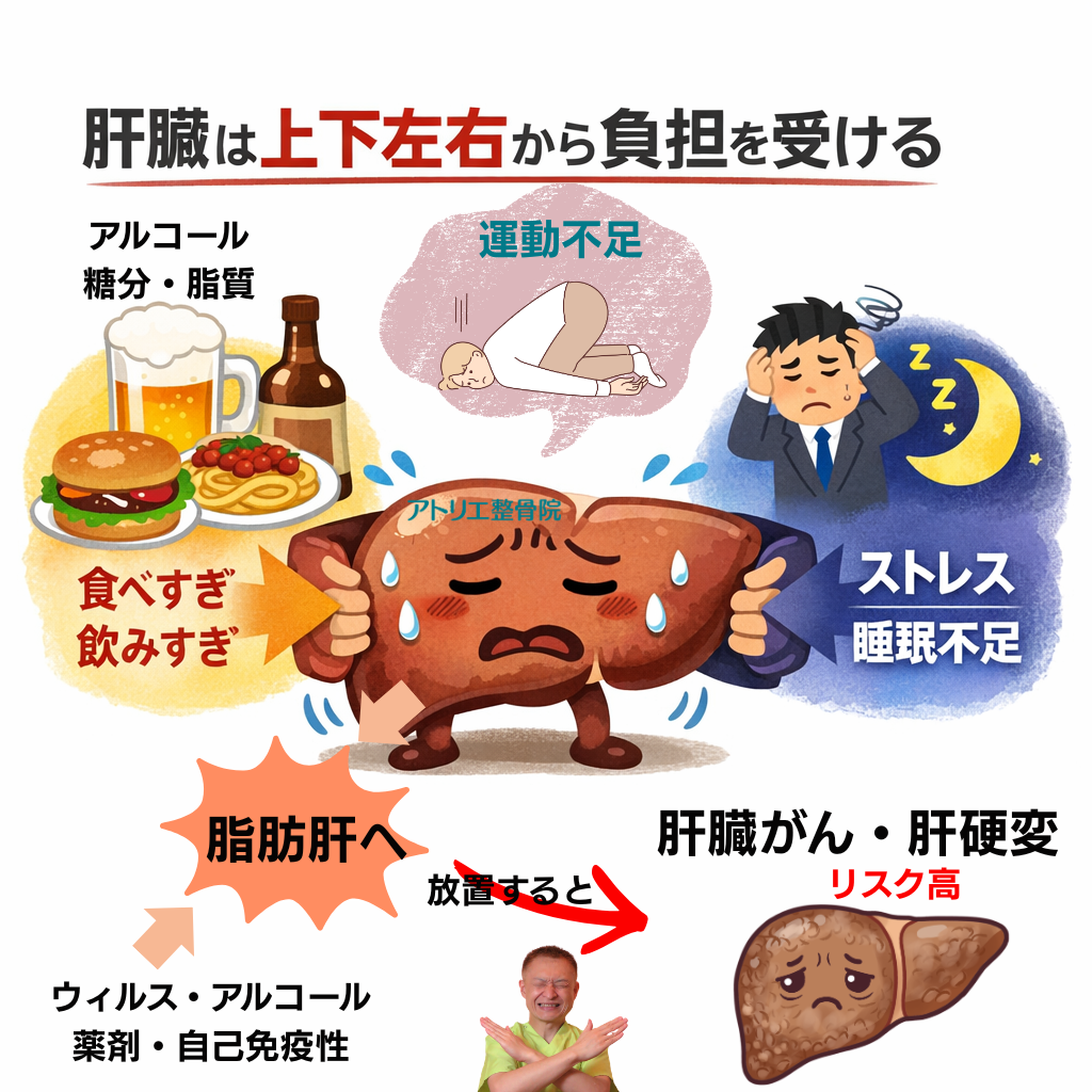 板橋の整体アトリエ整骨院の肝臓への多方面からの圧力イラスト