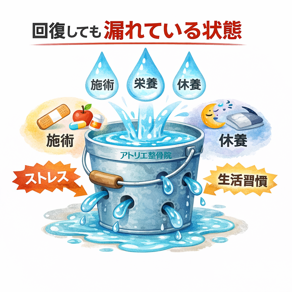 板橋の整体アトリエ整骨院の回復の課題を視覚化したバケツイラスト