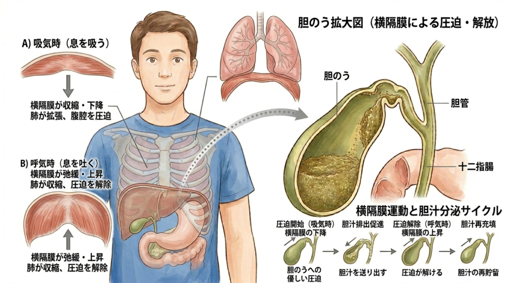 横隔膜の動きと胆のうへの影響

肺の下の横隔膜が上下することで、すぐ下の胆のうが優しく圧迫・解放される図