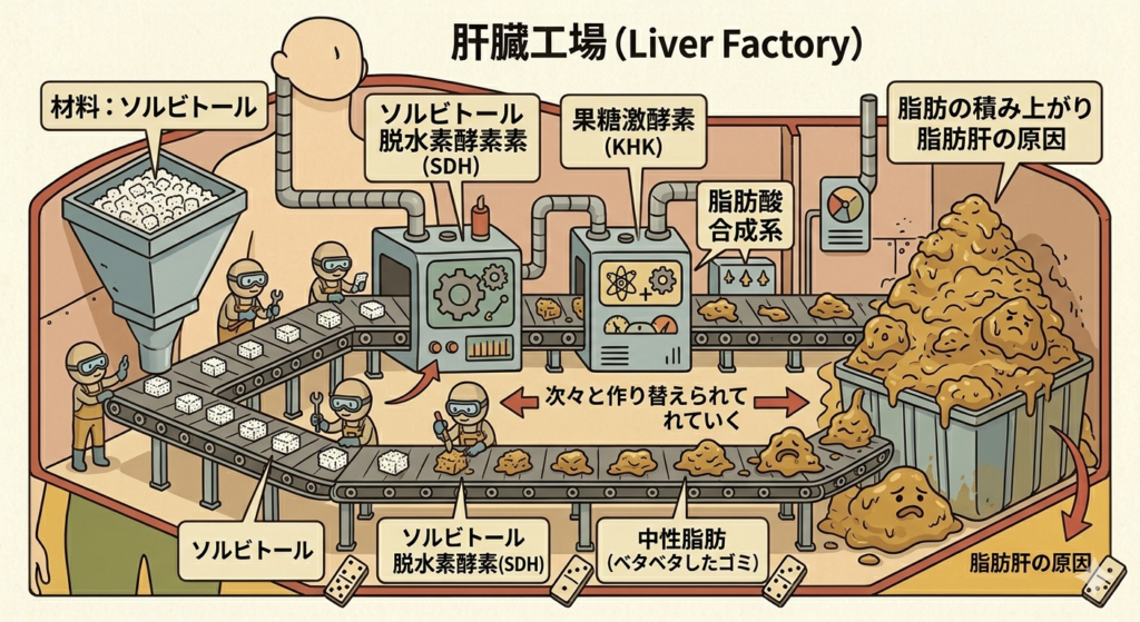 板橋の整体アトリエ整骨院の肝臓（工場）の中で、ソルビトールという材料が、ベルトコンベアの上で次々と「脂肪」に作り替えられて積み上がっていく図解
